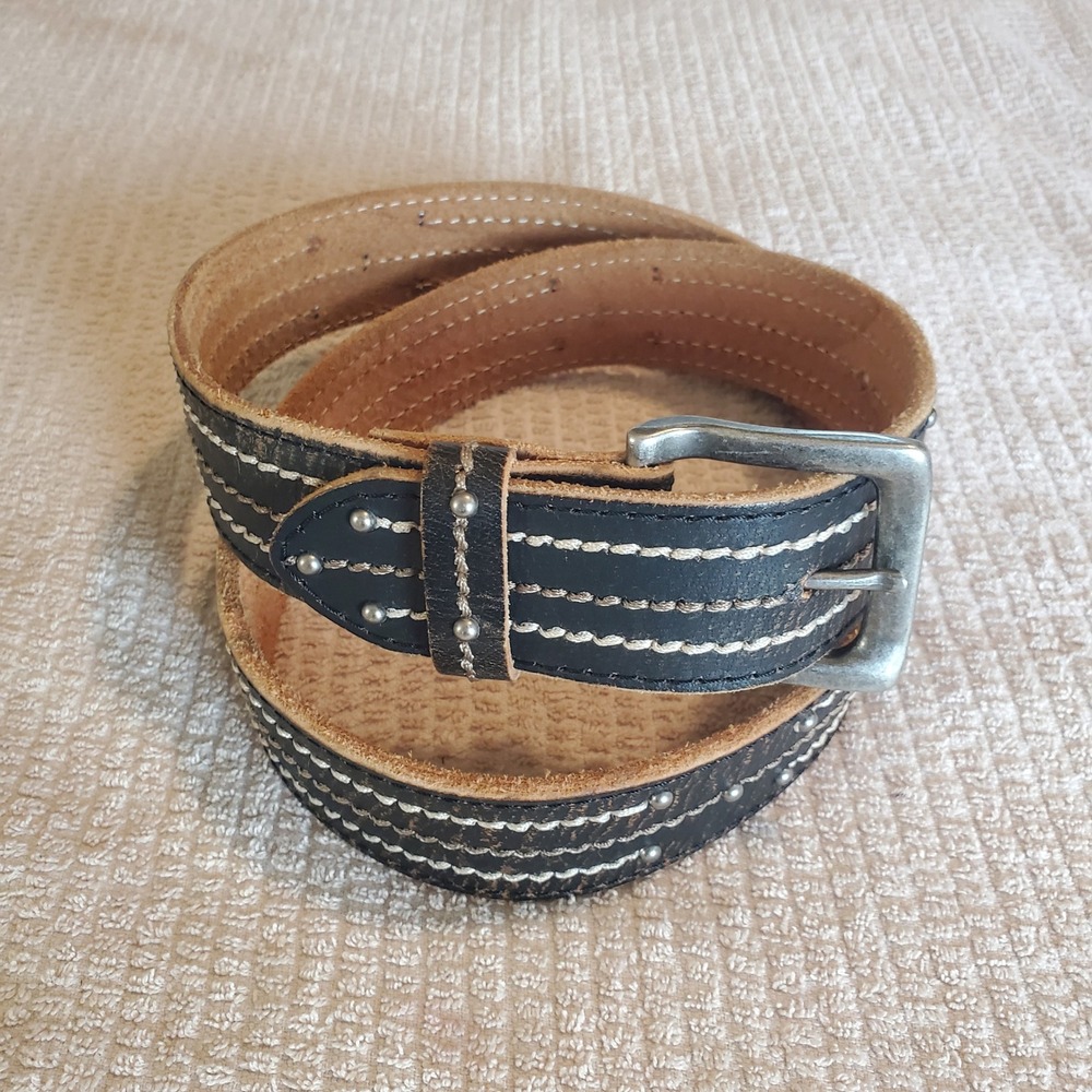 BKE Mens Leather Belt 38 Distressed Black Studded Contrast Stitch Buckle 63084